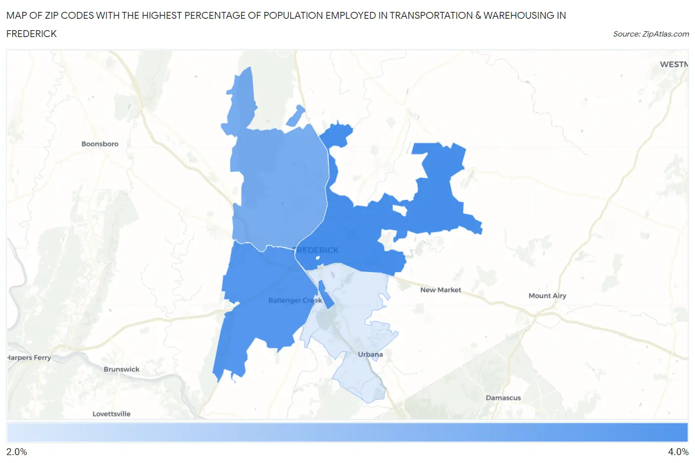 Zip Codes with the Highest Percentage of Population Employed in Transportation & Warehousing in Frederick Map