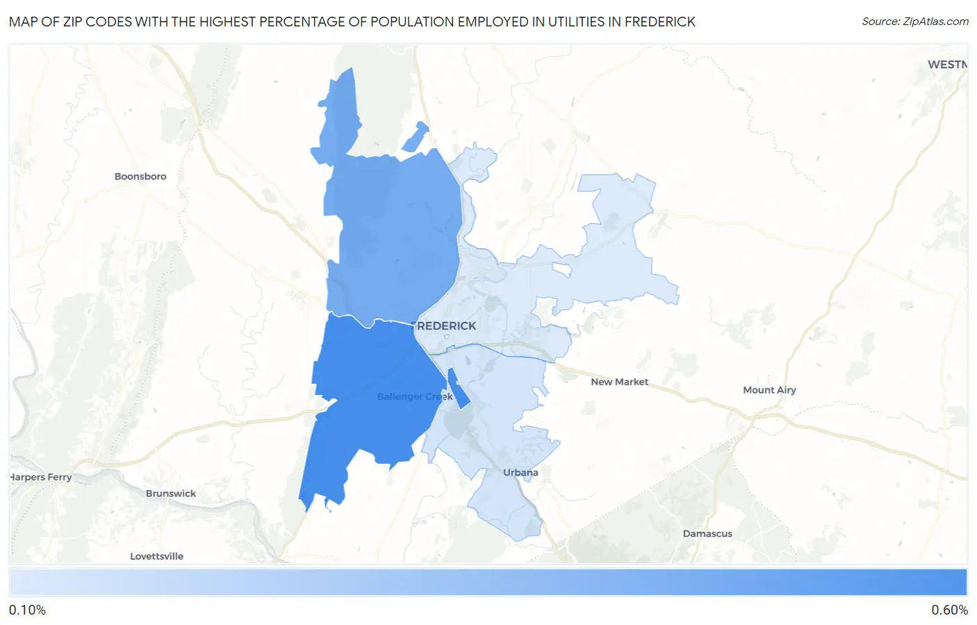 Zip Codes with the Highest Percentage of Population Employed in Utilities in Frederick Map