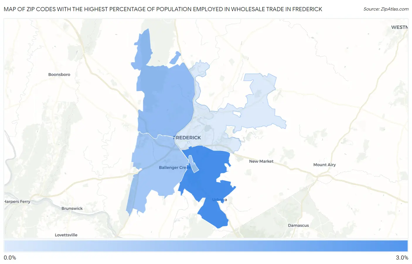 Zip Codes with the Highest Percentage of Population Employed in Wholesale Trade in Frederick Map