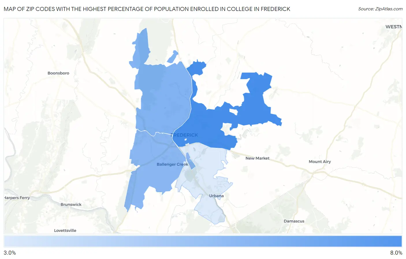 Zip Codes with the Highest Percentage of Population Enrolled in College in Frederick Map