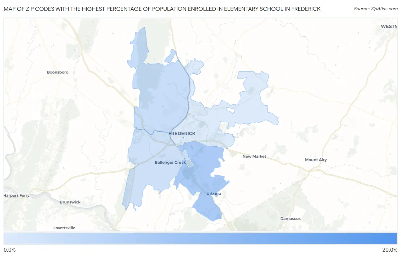 Zip Codes with the Highest Percentage of Population Enrolled in Elementary School in Frederick Map