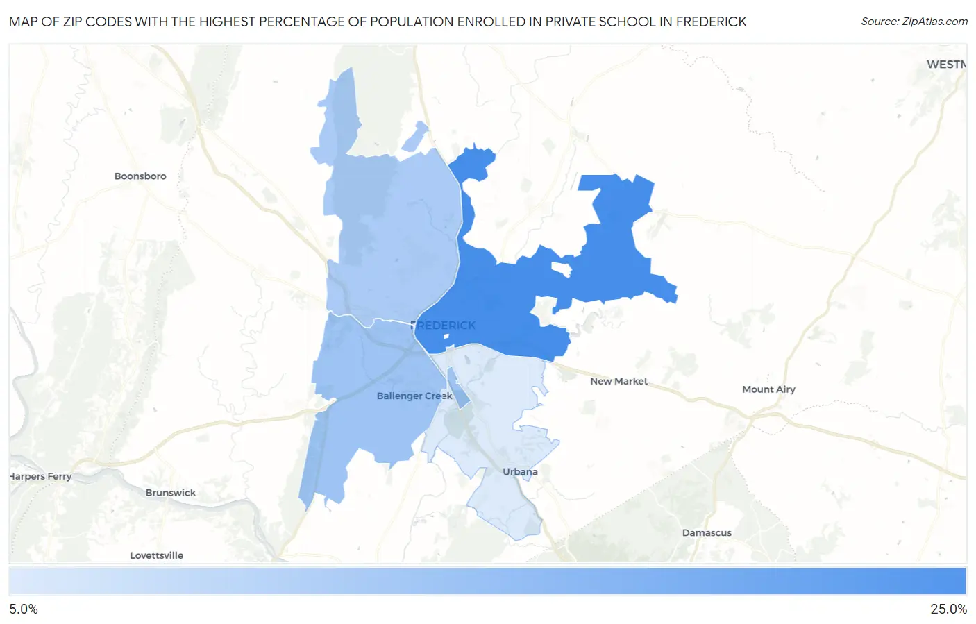 Zip Codes with the Highest Percentage of Population Enrolled in Private School in Frederick Map