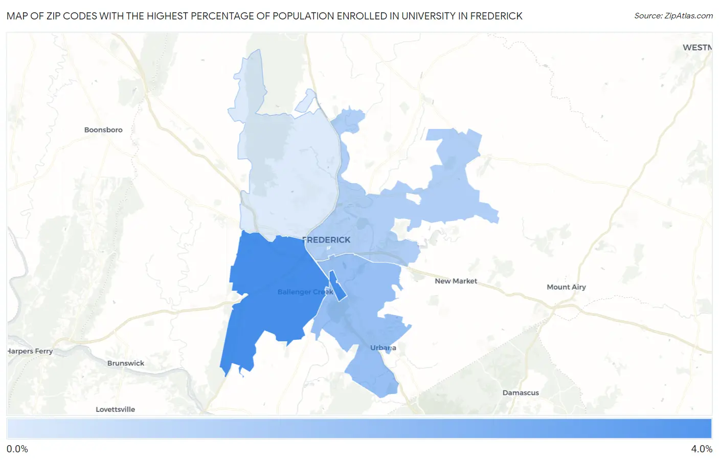 Zip Codes with the Highest Percentage of Population Enrolled in University in Frederick Map