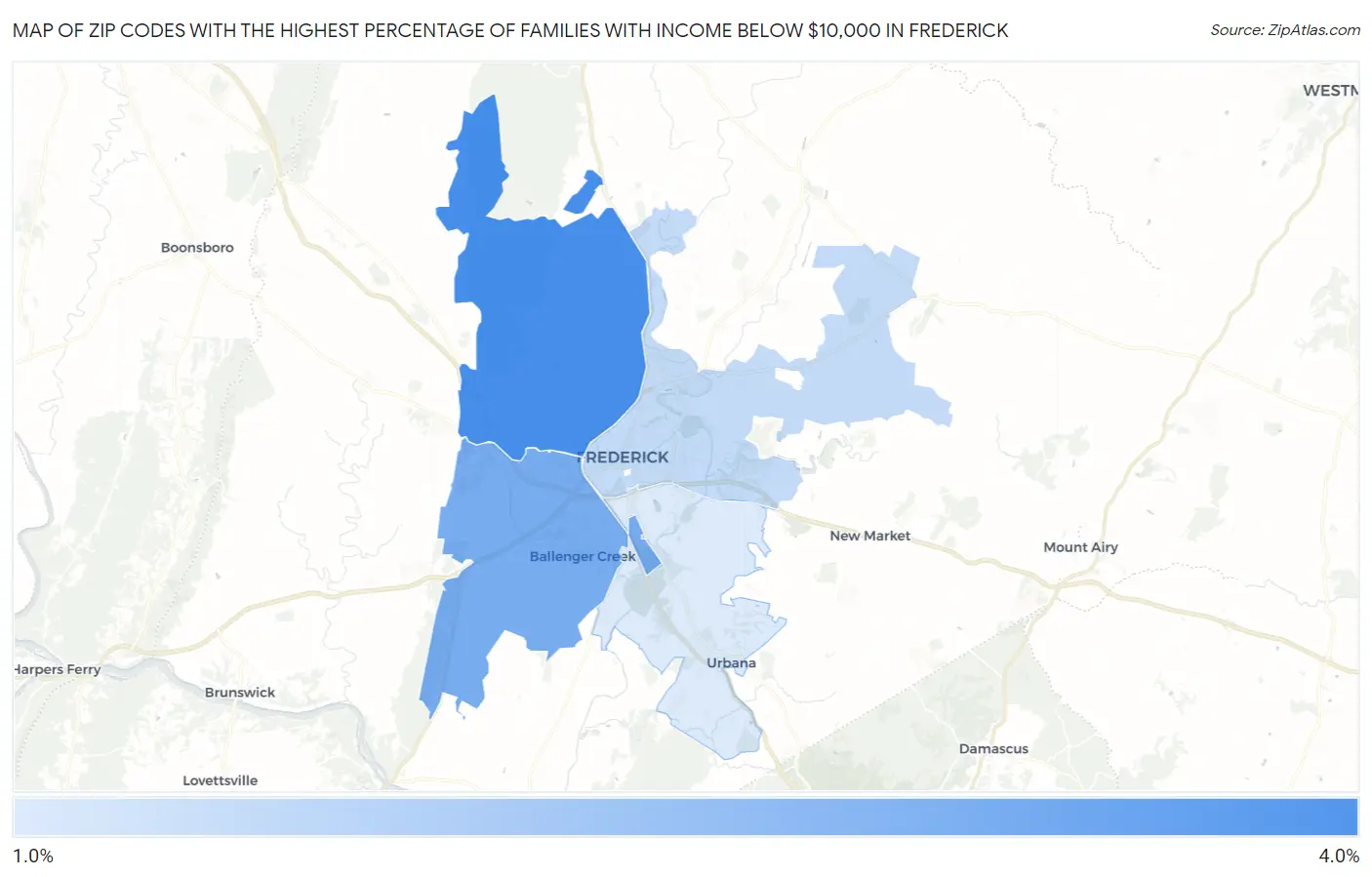Zip Codes with the Highest Percentage of Families with Income Below $10,000 in Frederick Map
