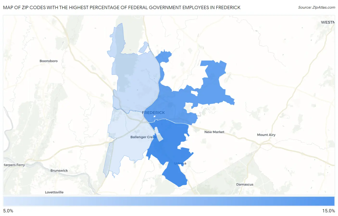 Zip Codes with the Highest Percentage of Federal Government Employees in Frederick Map