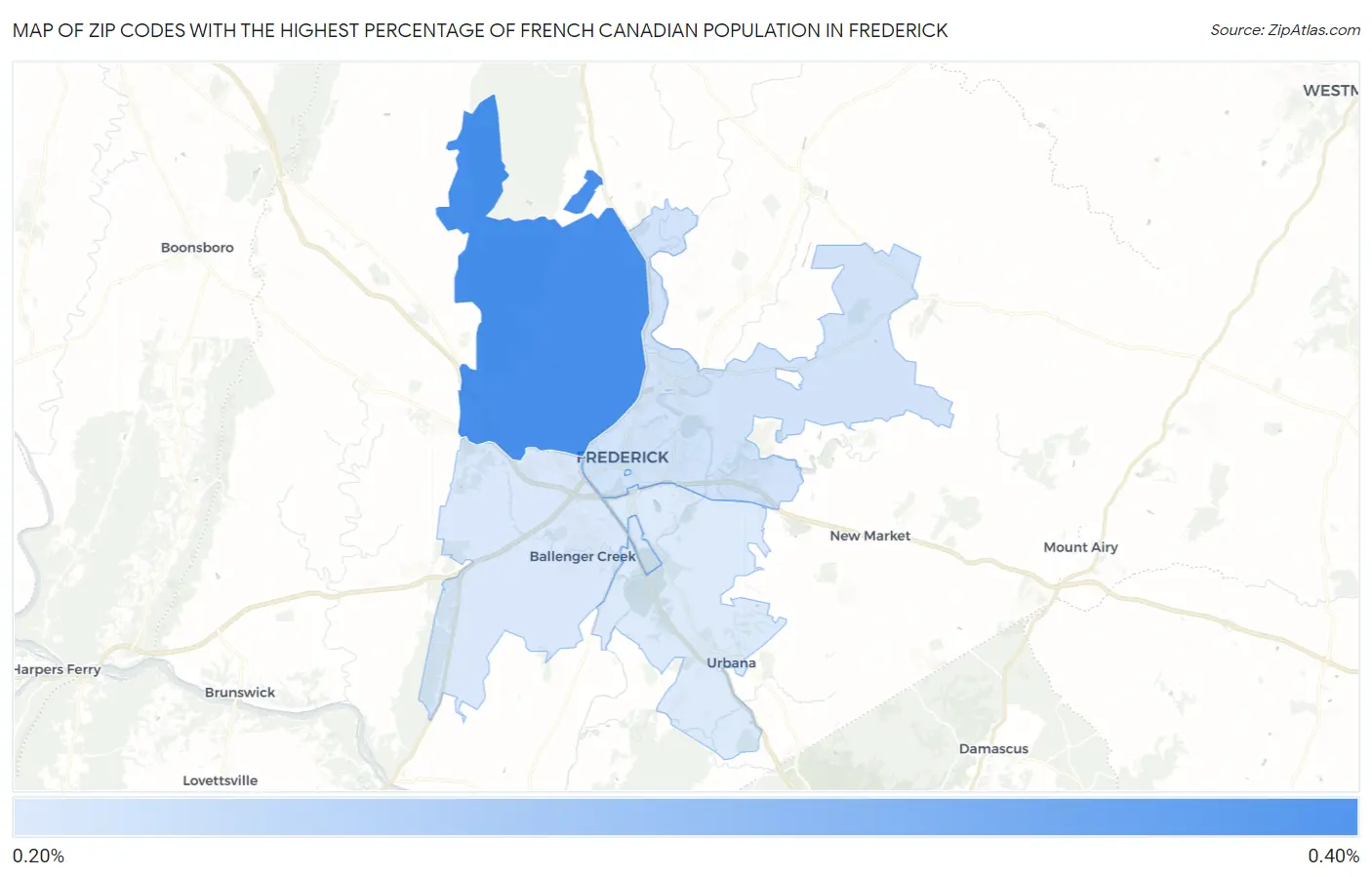 Zip Codes with the Highest Percentage of French Canadian Population in Frederick Map