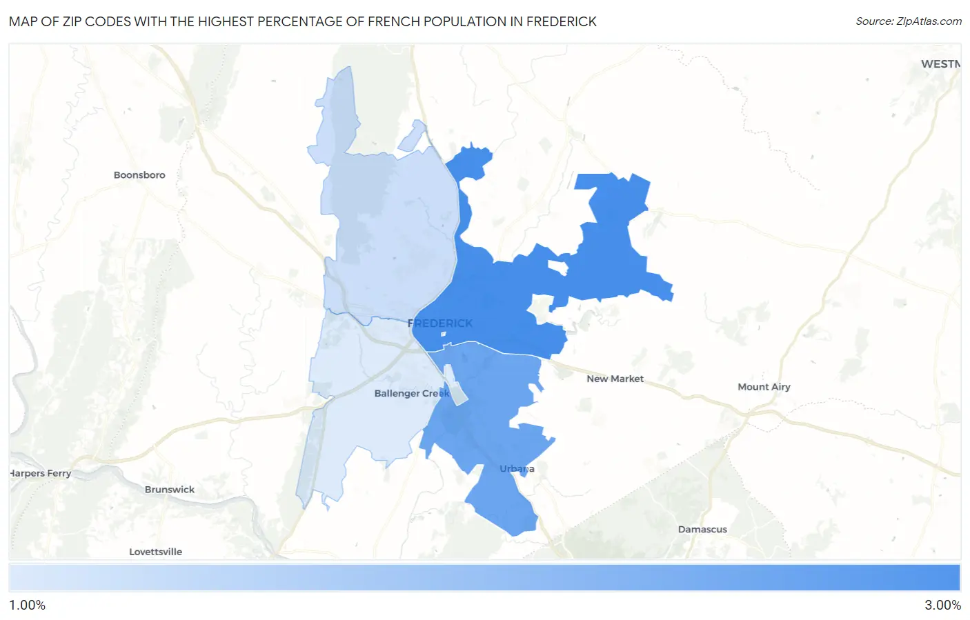 Zip Codes with the Highest Percentage of French Population in Frederick Map