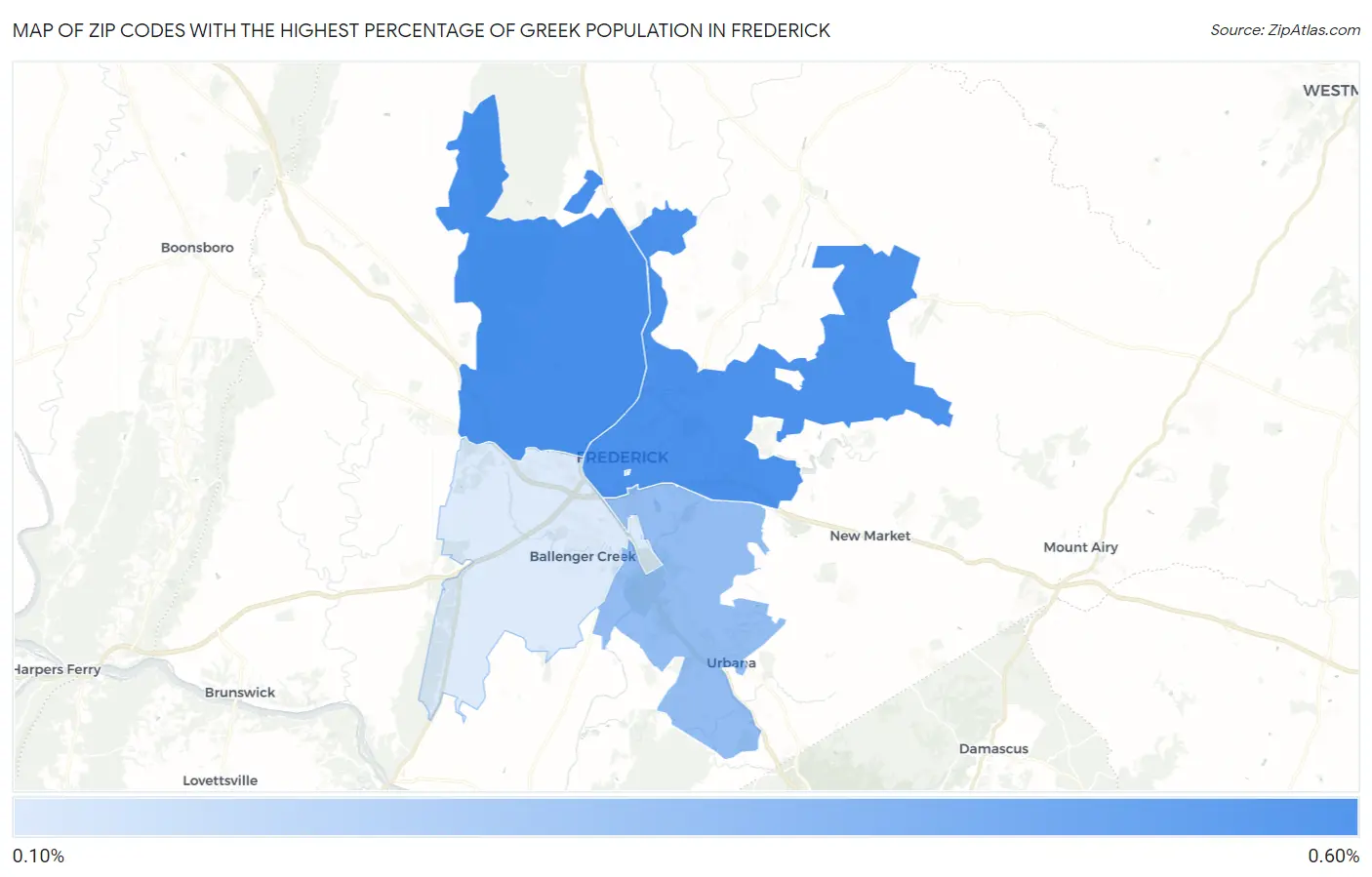 Zip Codes with the Highest Percentage of Greek Population in Frederick Map