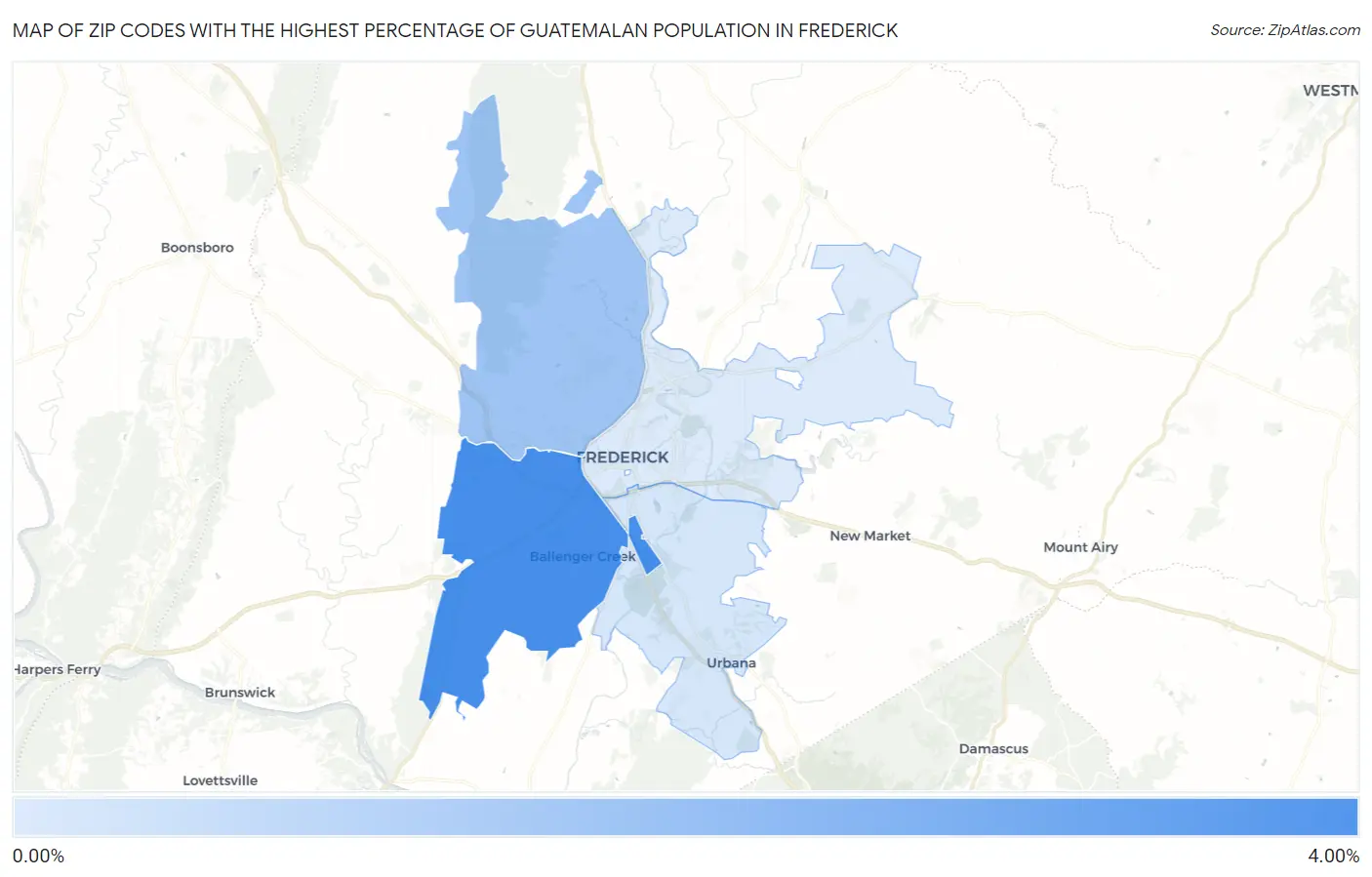 Zip Codes with the Highest Percentage of Guatemalan Population in Frederick Map