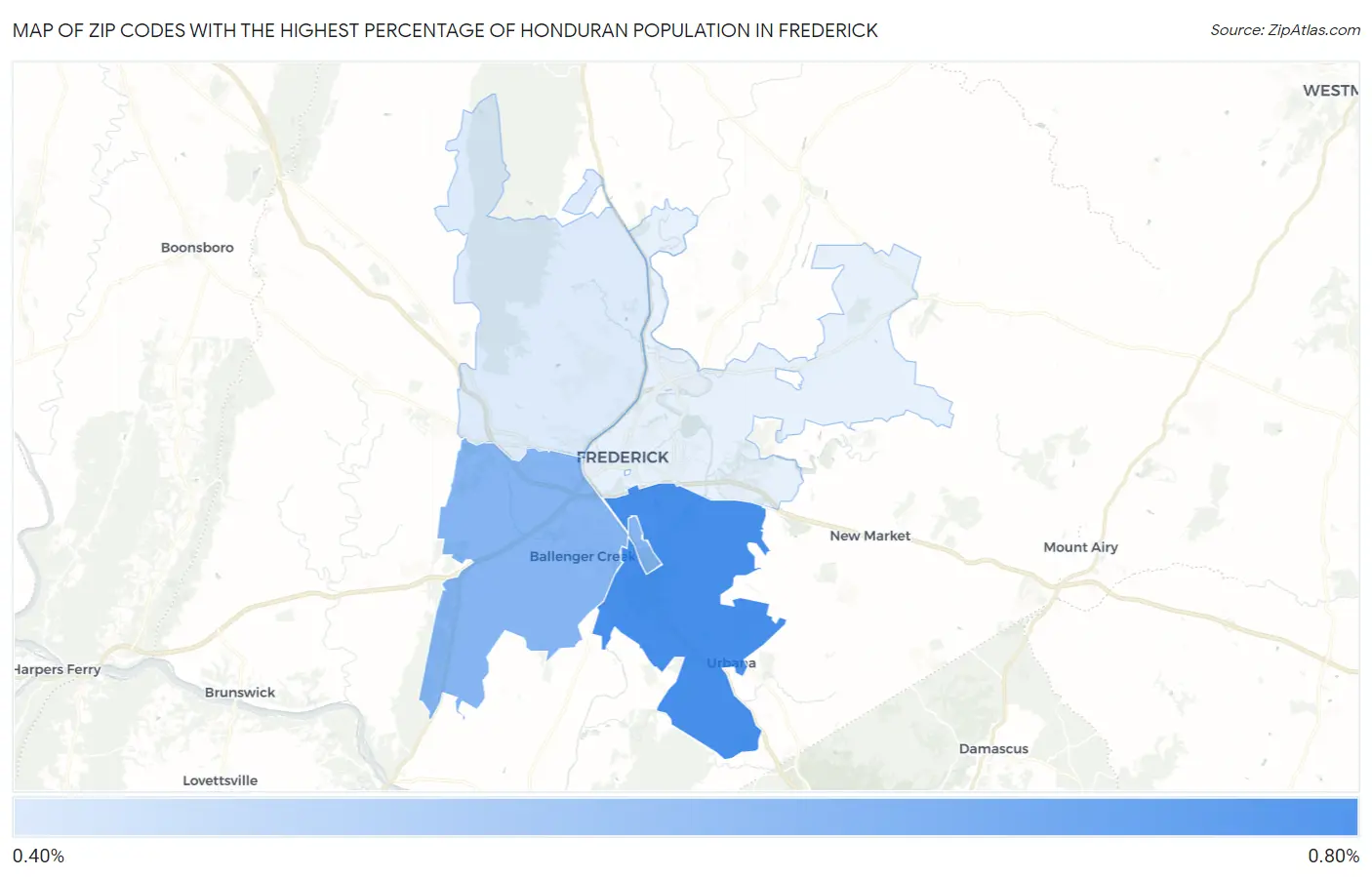 Zip Codes with the Highest Percentage of Honduran Population in Frederick Map