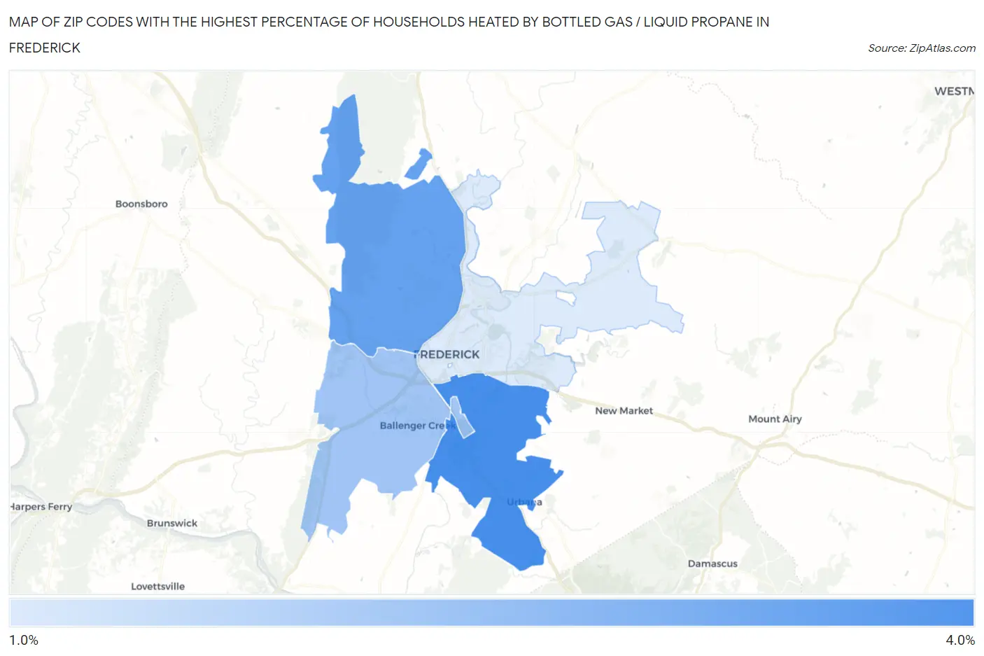 Zip Codes with the Highest Percentage of Households Heated by Bottled Gas / Liquid Propane in Frederick Map