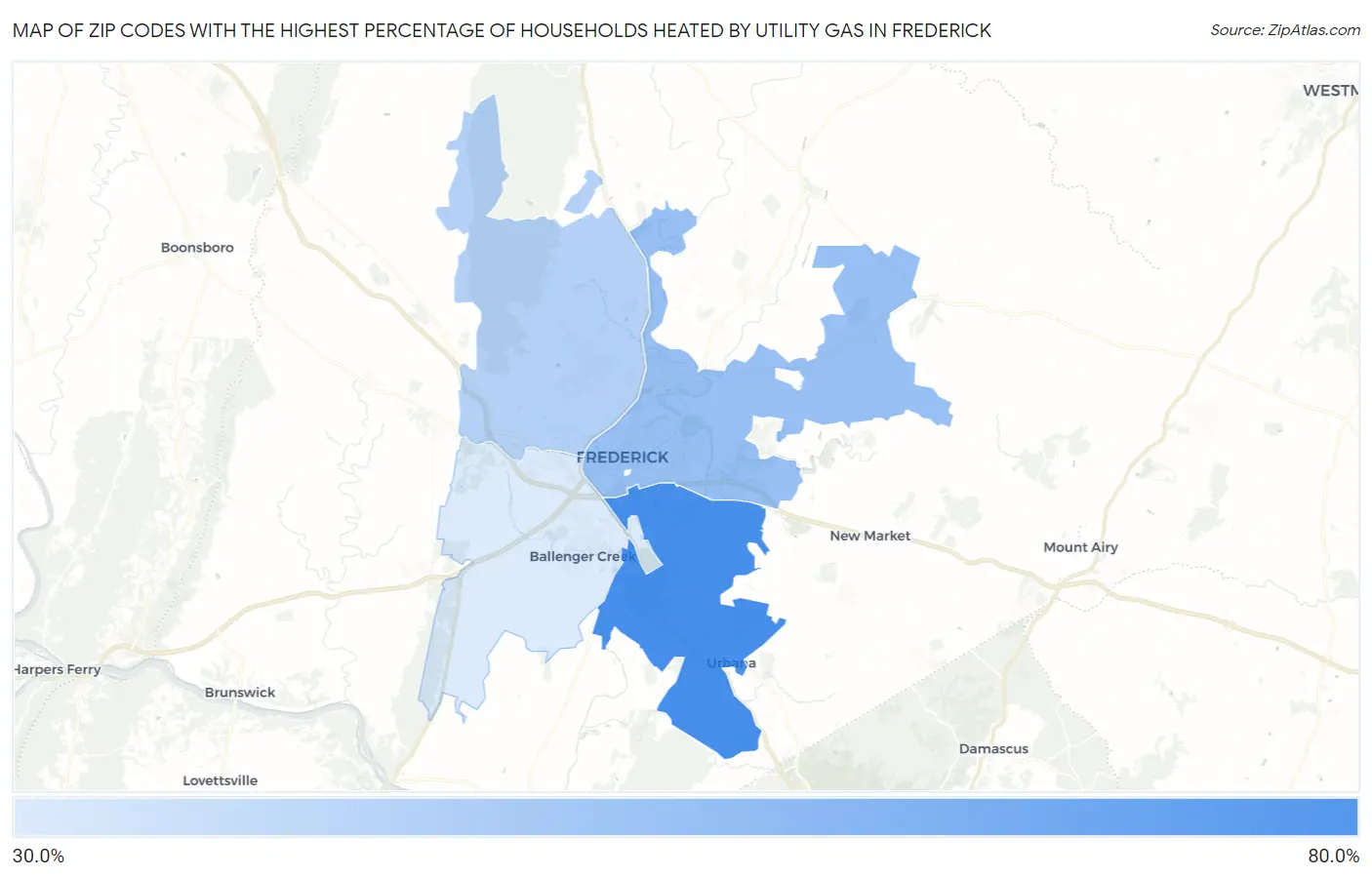 Zip Codes with the Highest Percentage of Households Heated by Utility Gas in Frederick Map
