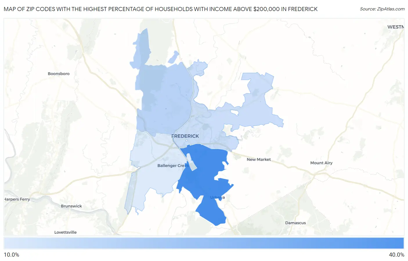 Zip Codes with the Highest Percentage of Households with Income Above $200,000 in Frederick Map
