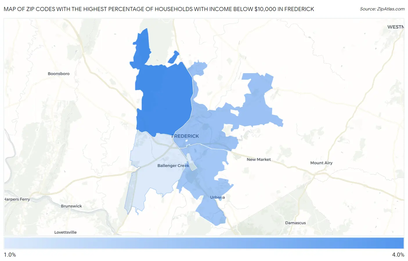 Zip Codes with the Highest Percentage of Households with Income Below $10,000 in Frederick Map