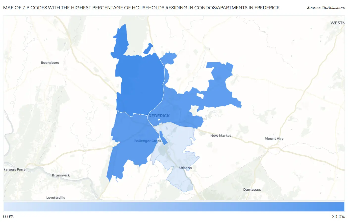 Zip Codes with the Highest Percentage of Households Residing in Condos/Apartments in Frederick Map