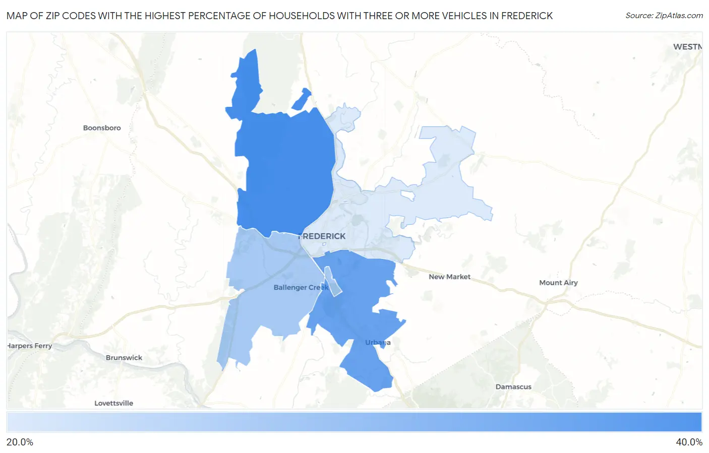 Zip Codes with the Highest Percentage of Households With Three or more Vehicles in Frederick Map