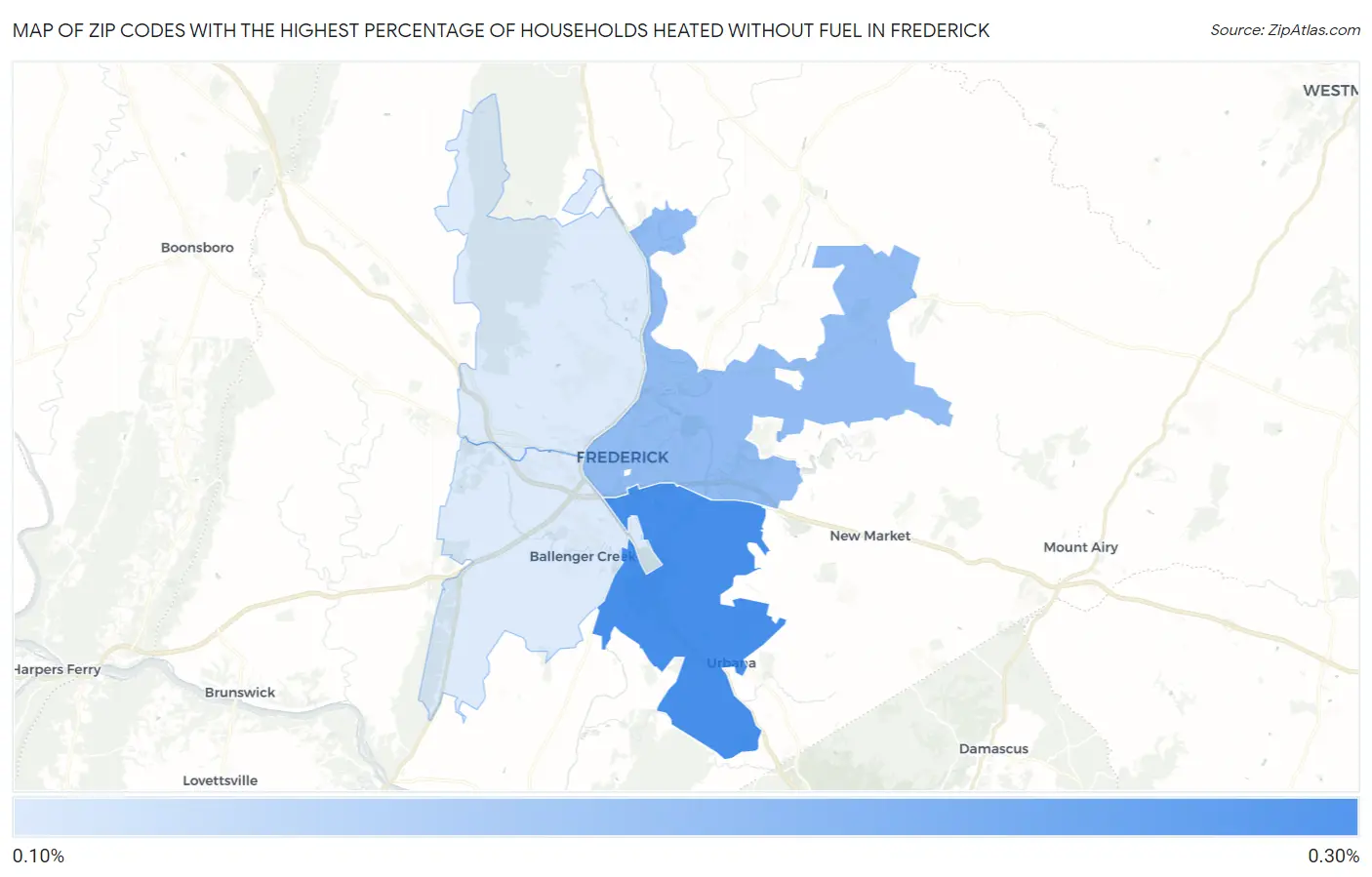 Zip Codes with the Highest Percentage of Households Heated without Fuel in Frederick Map