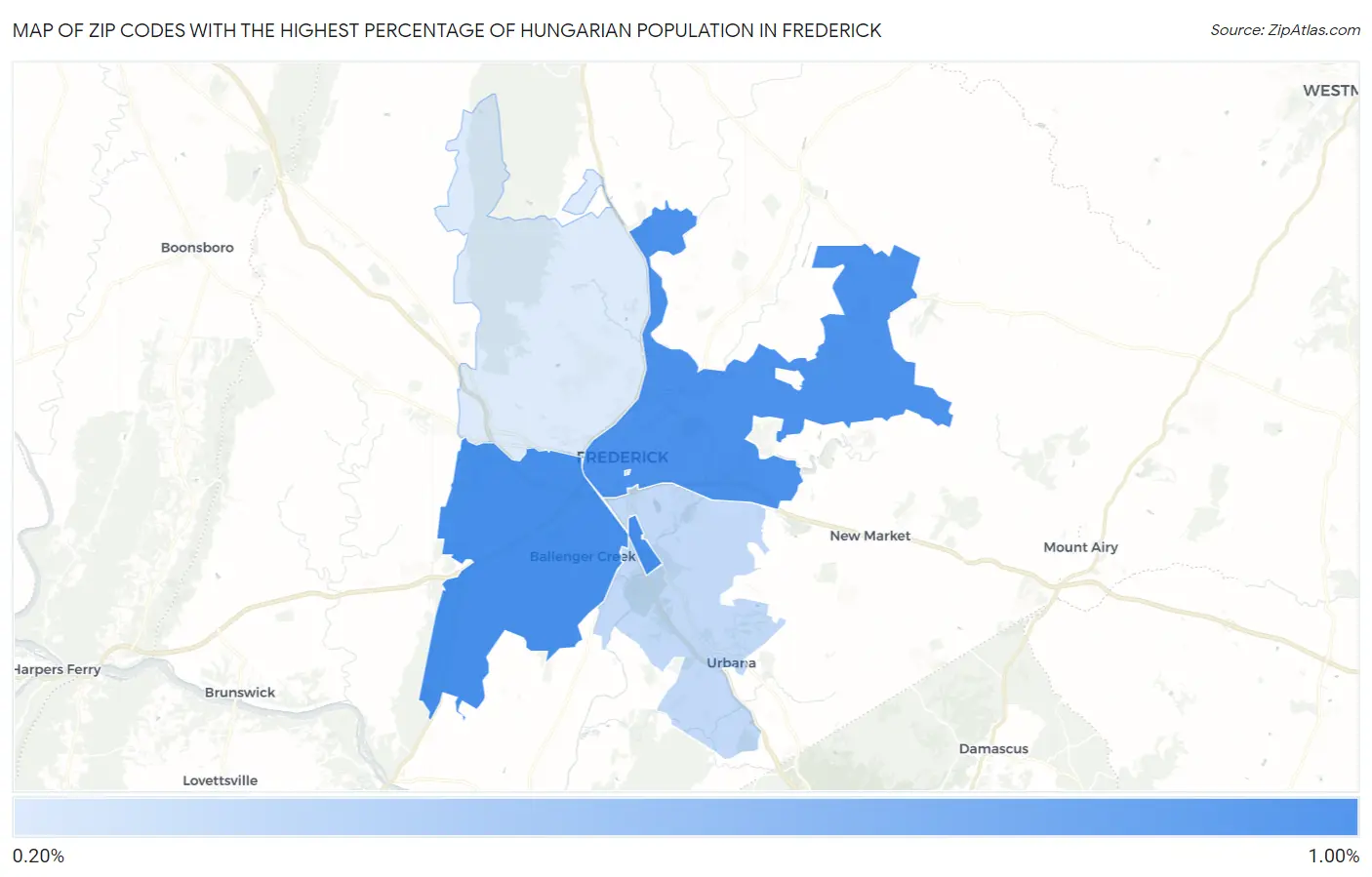 Zip Codes with the Highest Percentage of Hungarian Population in Frederick Map