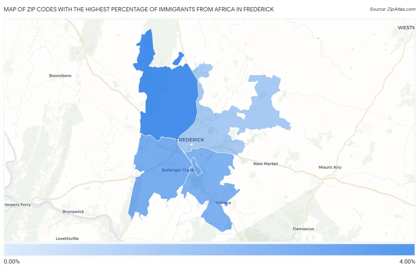Zip Codes with the Highest Percentage of Immigrants from Africa in Frederick Map