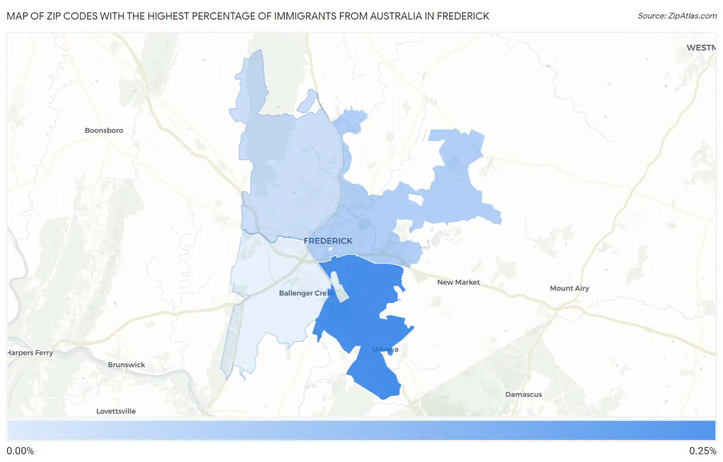 Zip Codes with the Highest Percentage of Immigrants from Australia in Frederick Map