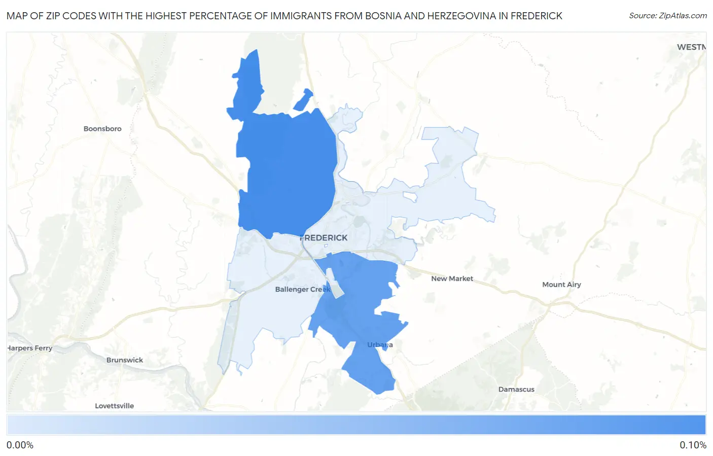 Zip Codes with the Highest Percentage of Immigrants from Bosnia and Herzegovina in Frederick Map