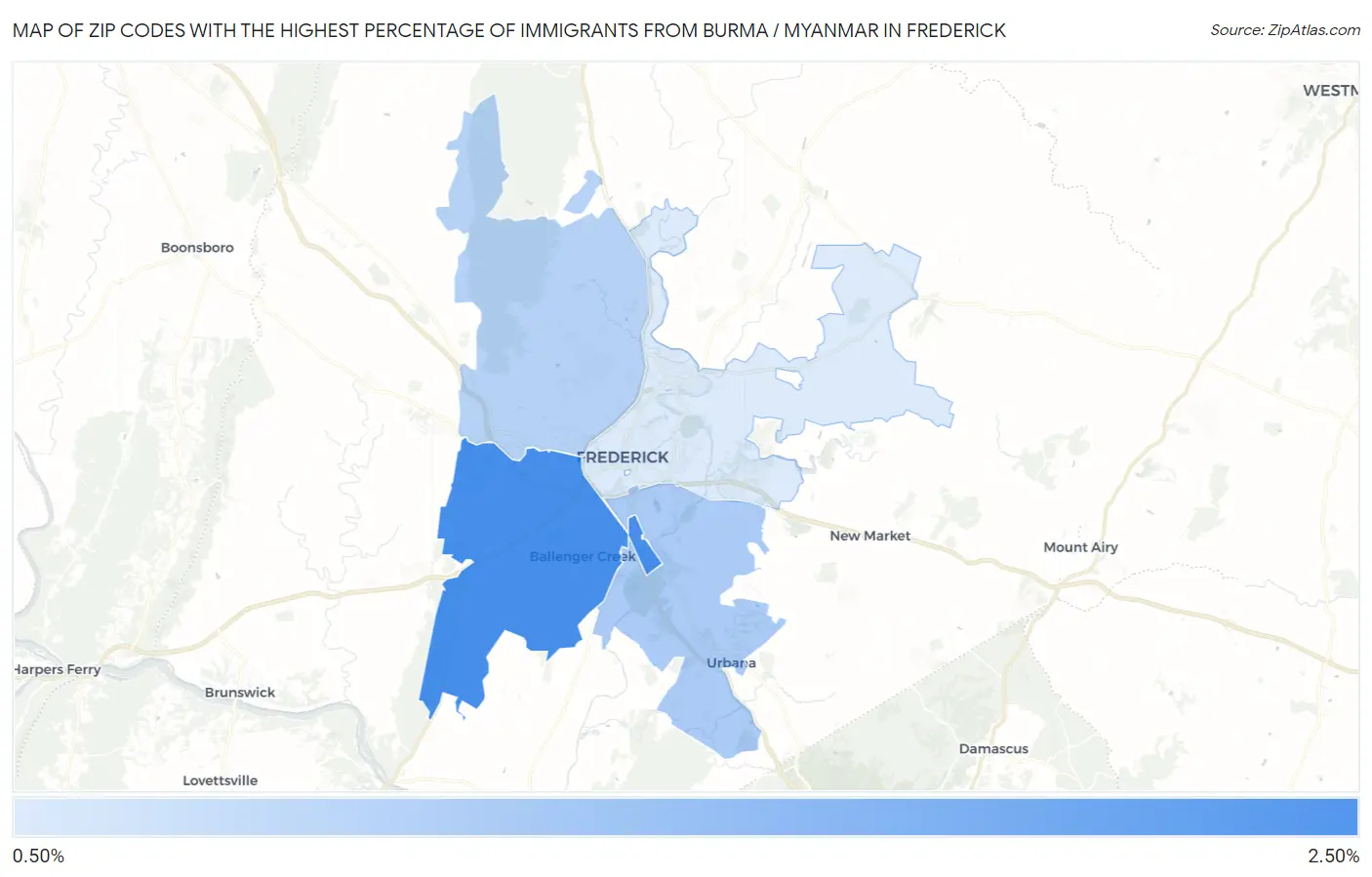 Zip Codes with the Highest Percentage of Immigrants from Burma / Myanmar in Frederick Map