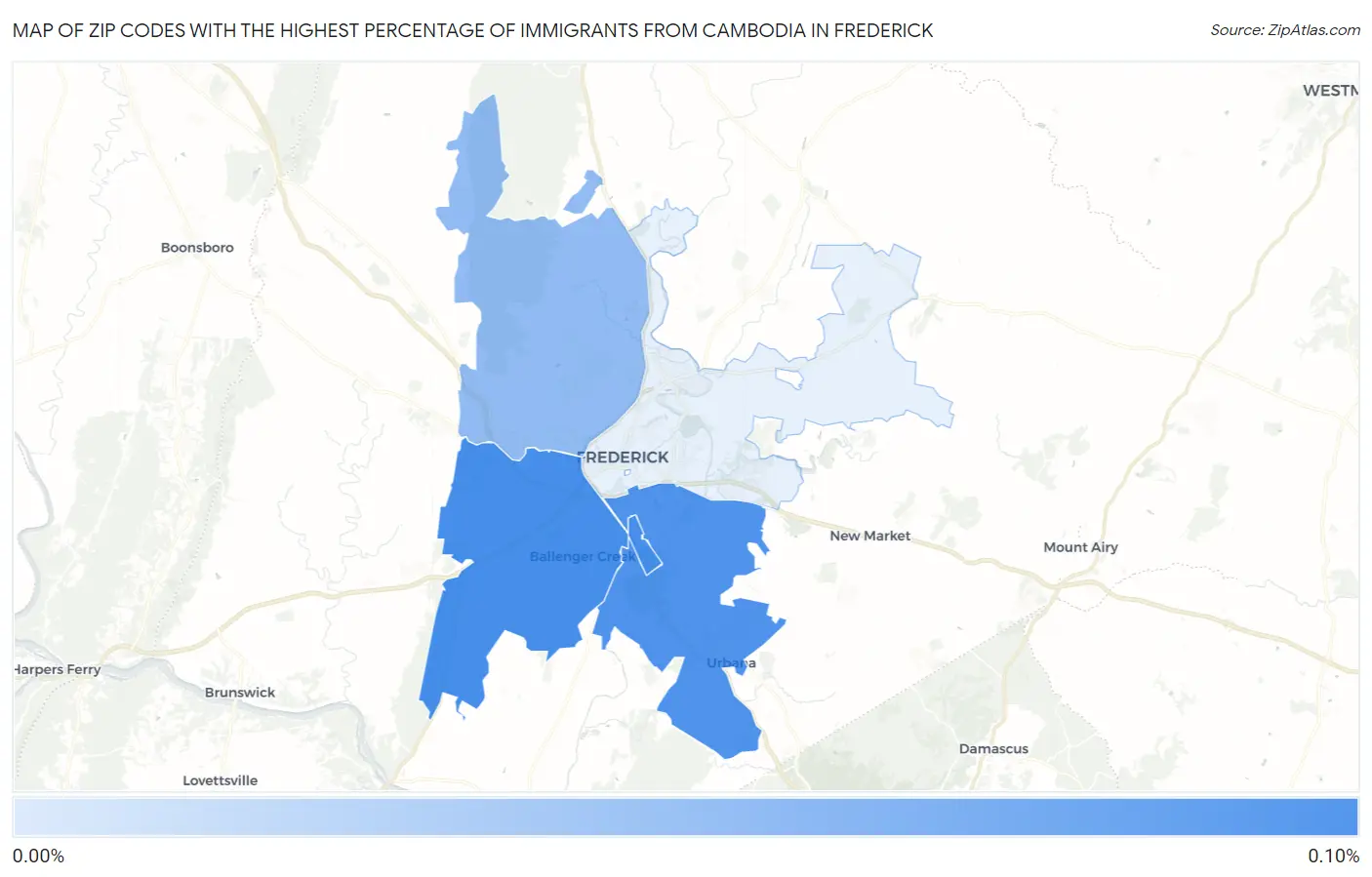 Zip Codes with the Highest Percentage of Immigrants from Cambodia in Frederick Map
