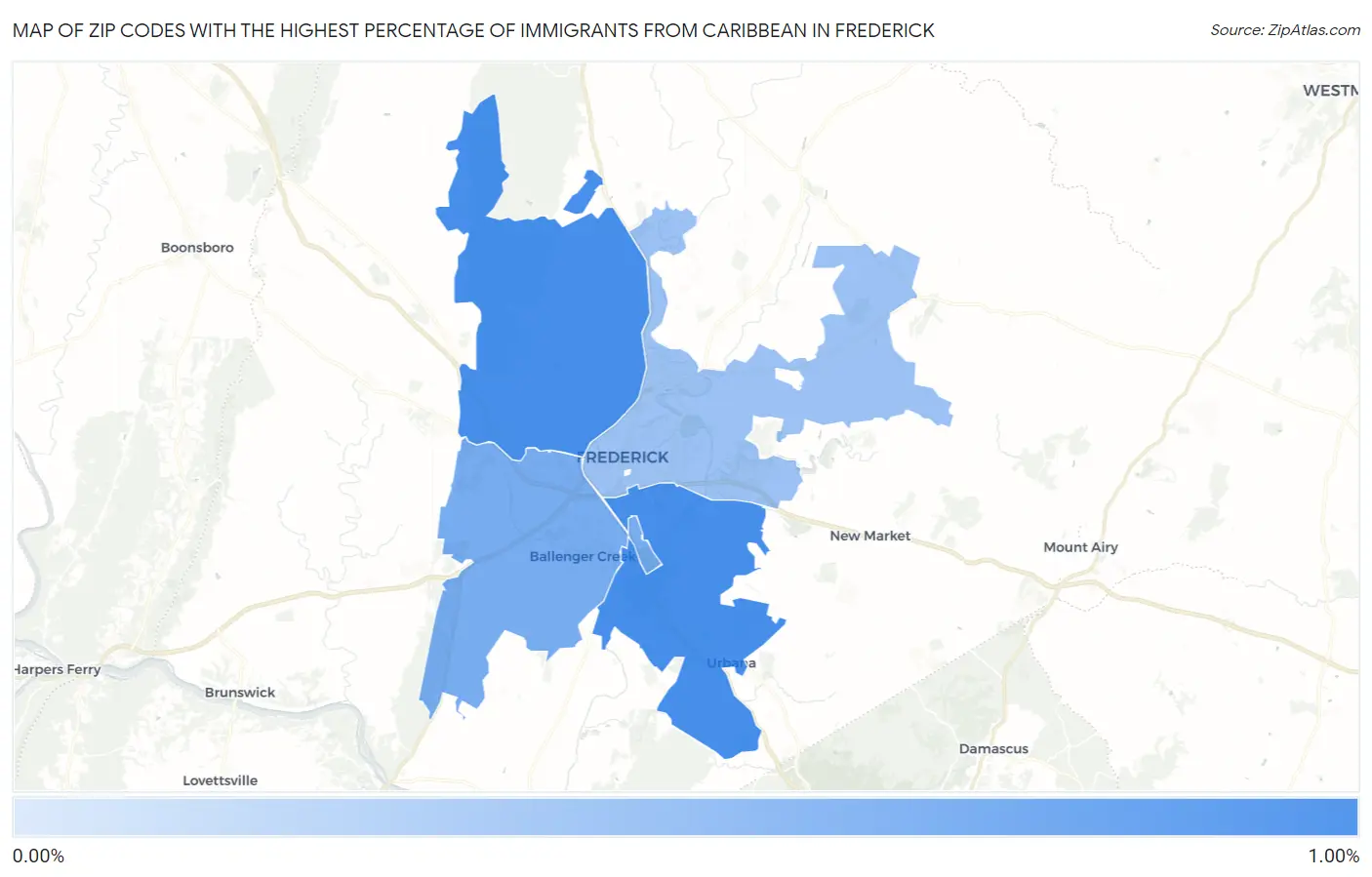 Zip Codes with the Highest Percentage of Immigrants from Caribbean in Frederick Map