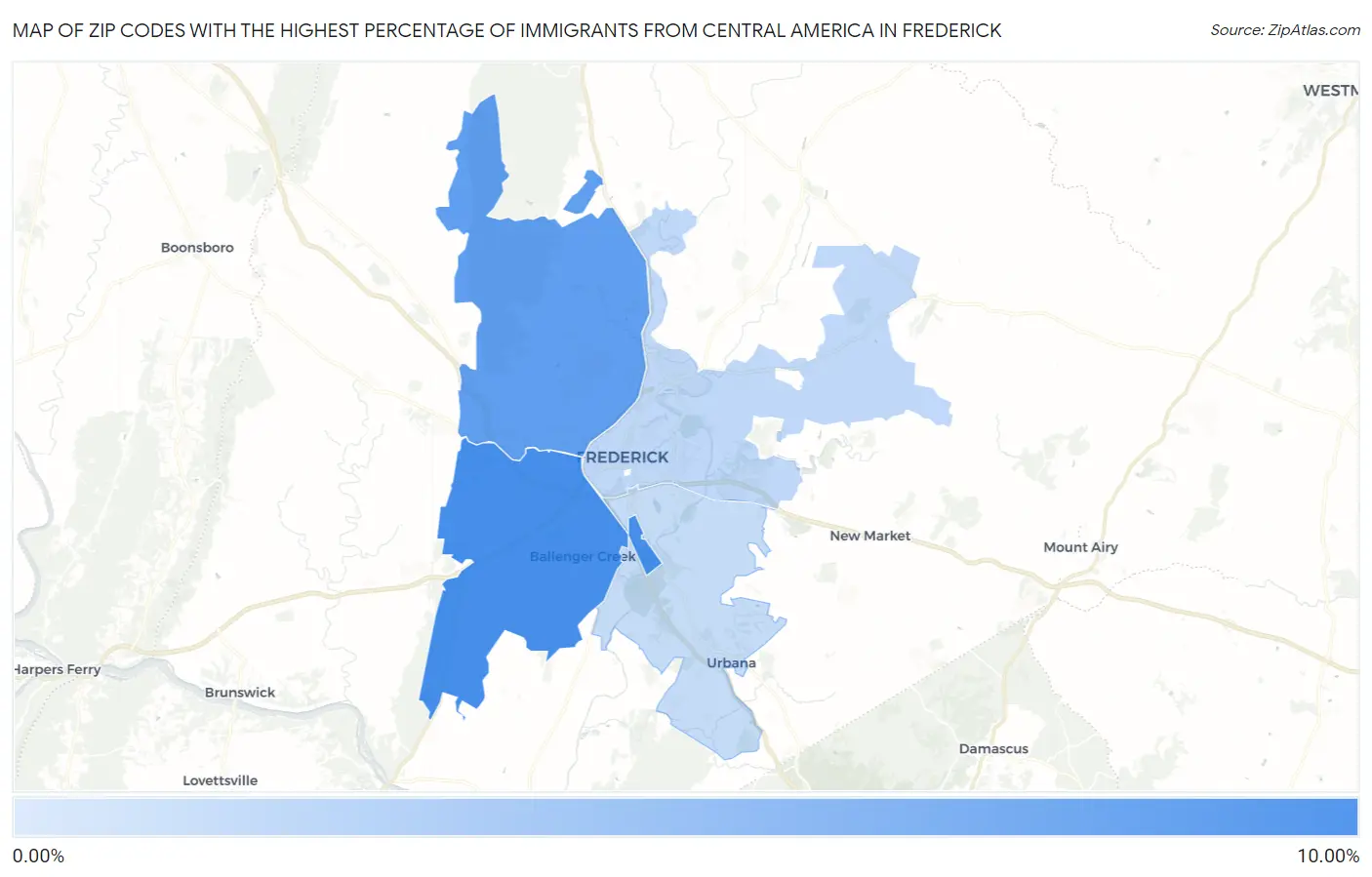 Zip Codes with the Highest Percentage of Immigrants from Central America in Frederick Map