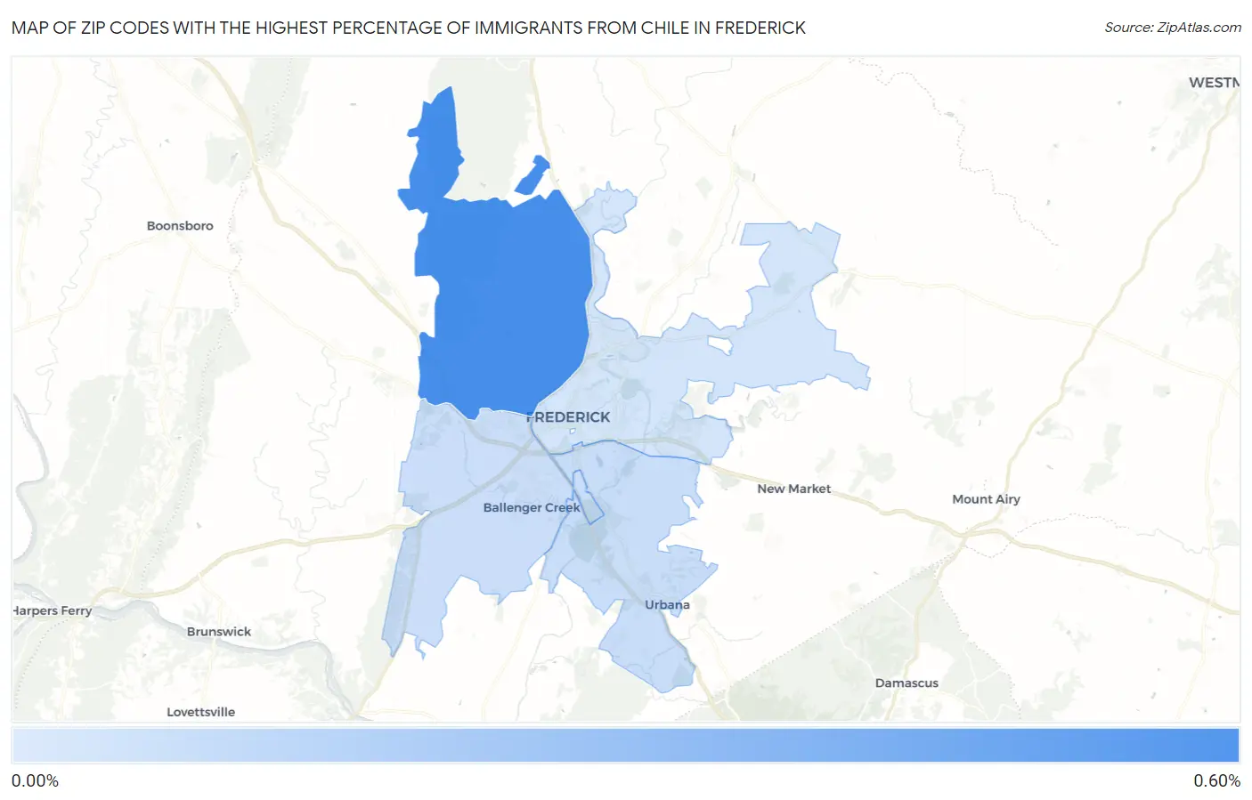 Zip Codes with the Highest Percentage of Immigrants from Chile in Frederick Map