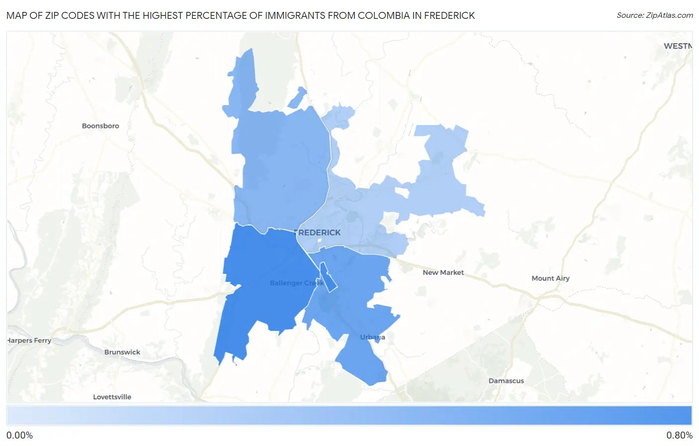 Zip Codes with the Highest Percentage of Immigrants from Colombia in Frederick Map