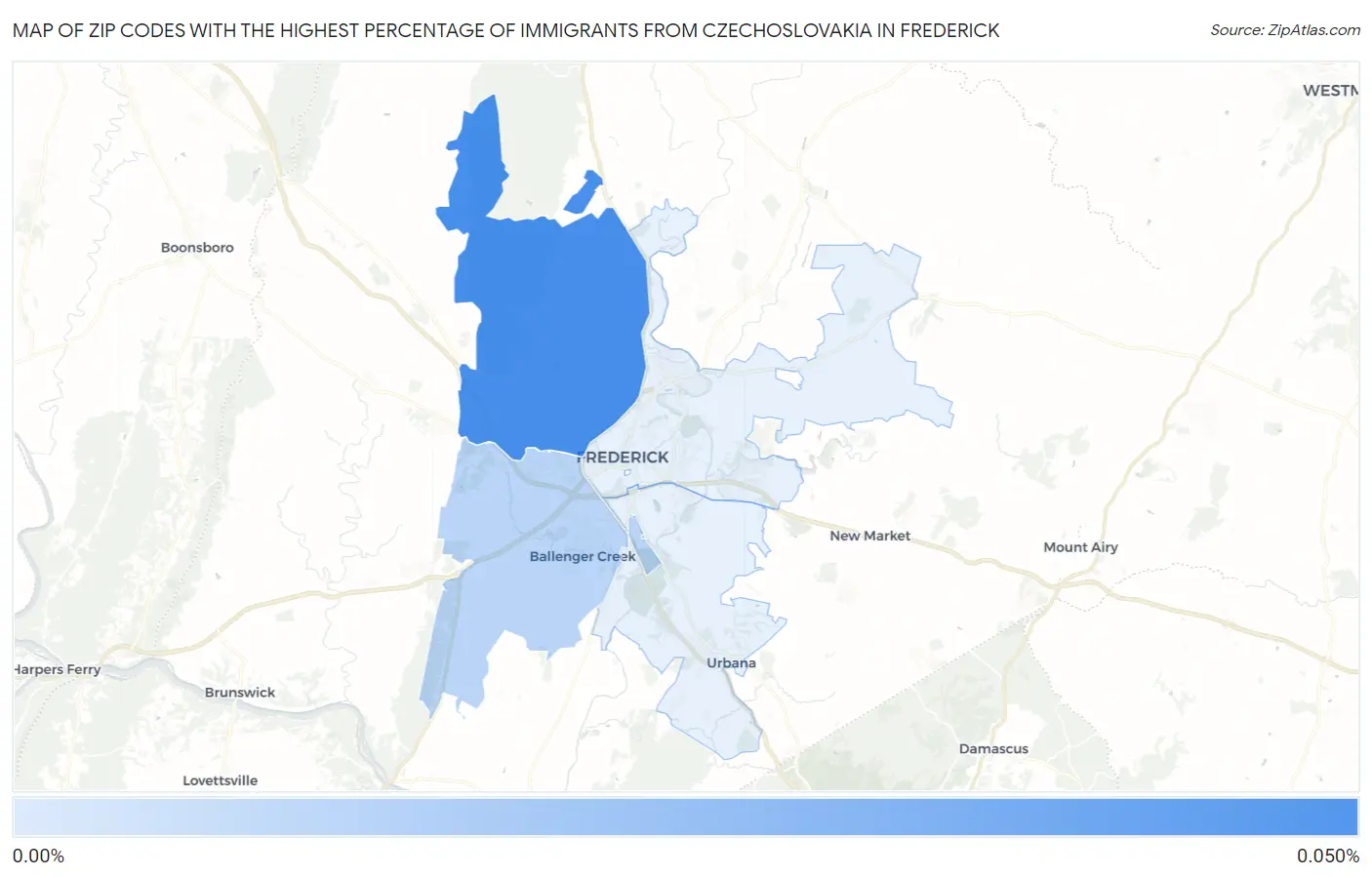 Zip Codes with the Highest Percentage of Immigrants from Czechoslovakia in Frederick Map