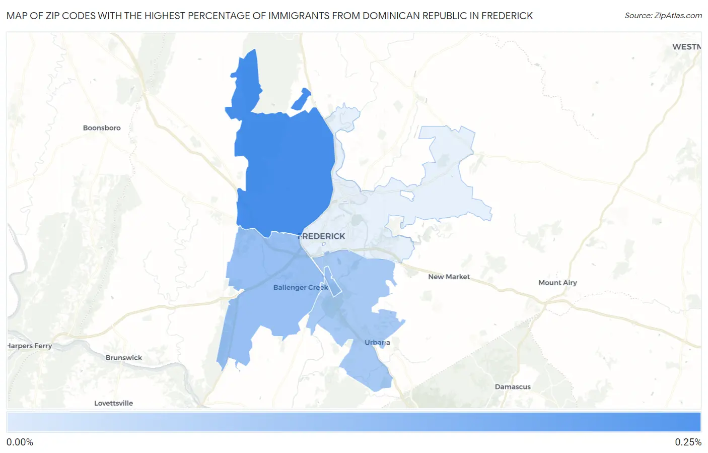 Zip Codes with the Highest Percentage of Immigrants from Dominican Republic in Frederick Map