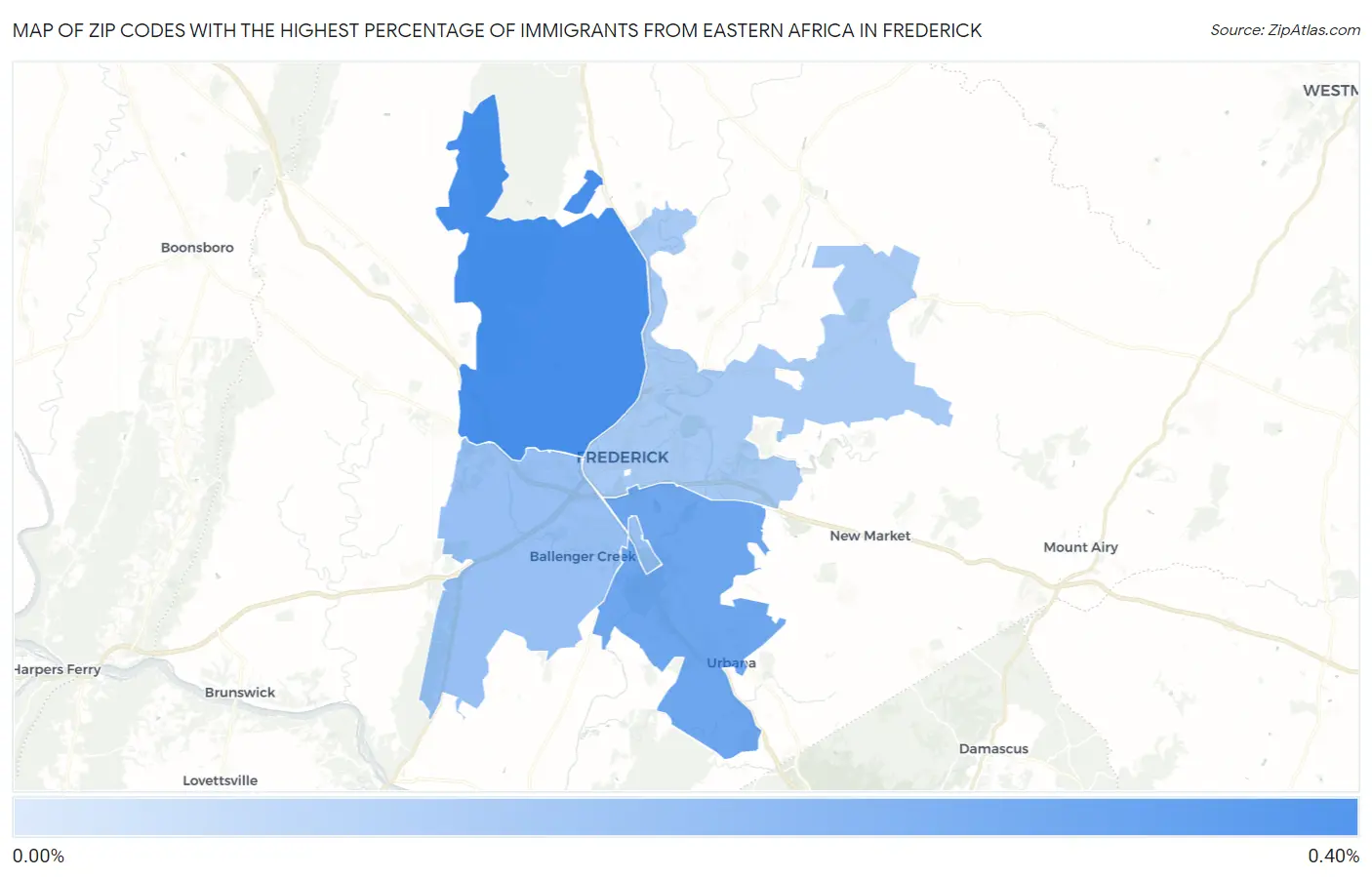 Zip Codes with the Highest Percentage of Immigrants from Eastern Africa in Frederick Map
