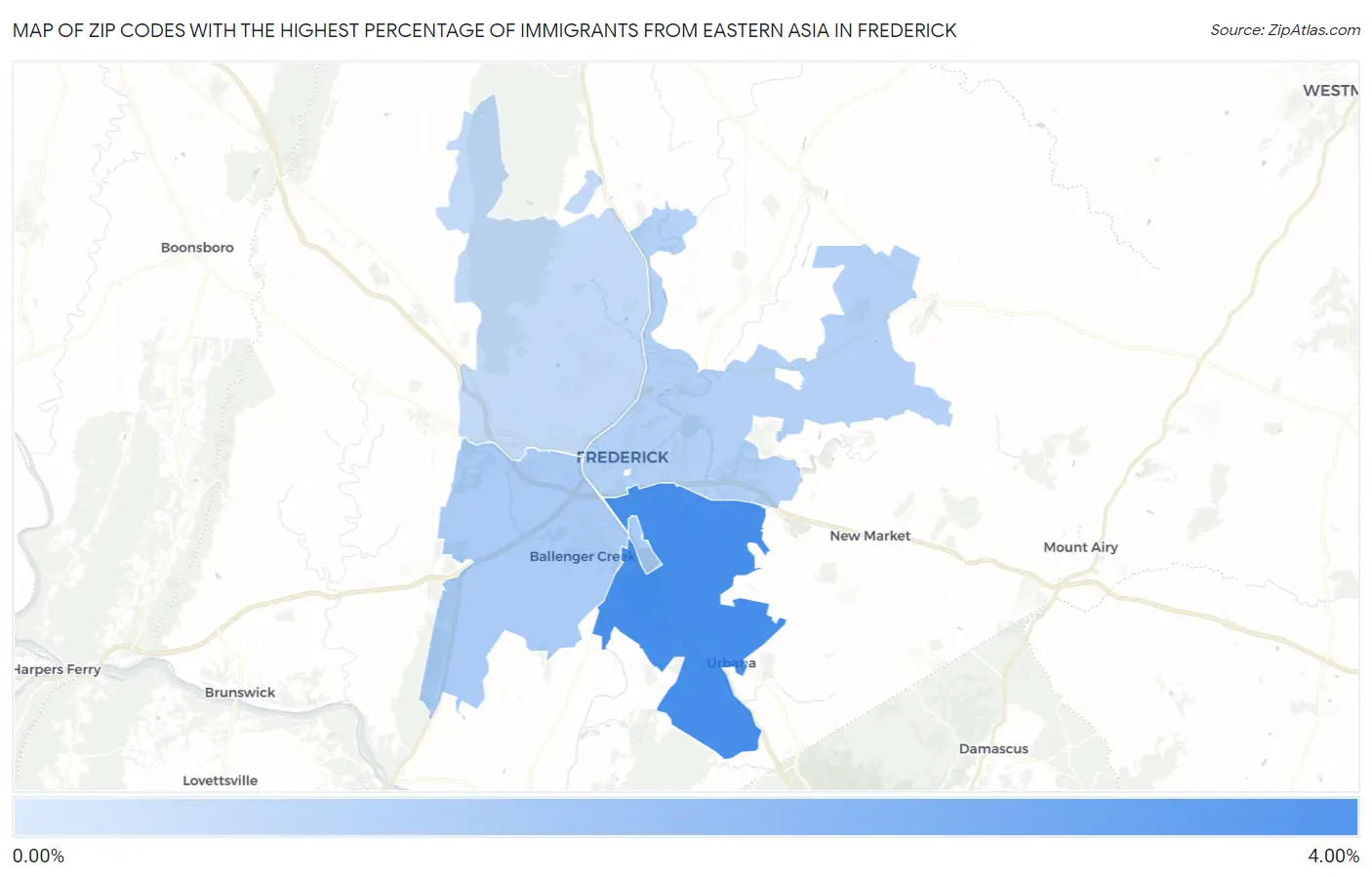 Zip Codes with the Highest Percentage of Immigrants from Eastern Asia in Frederick Map
