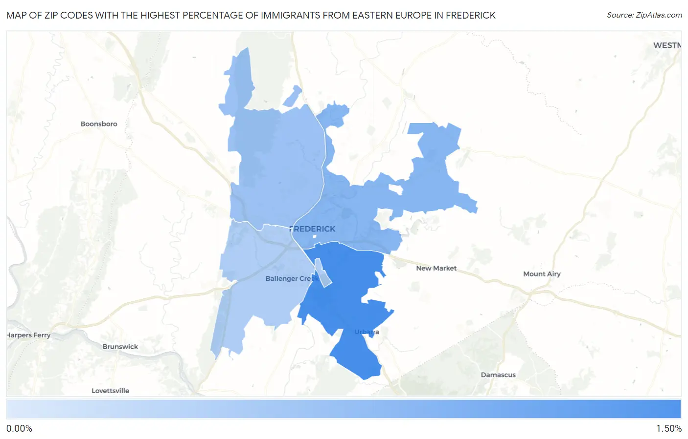 Zip Codes with the Highest Percentage of Immigrants from Eastern Europe in Frederick Map