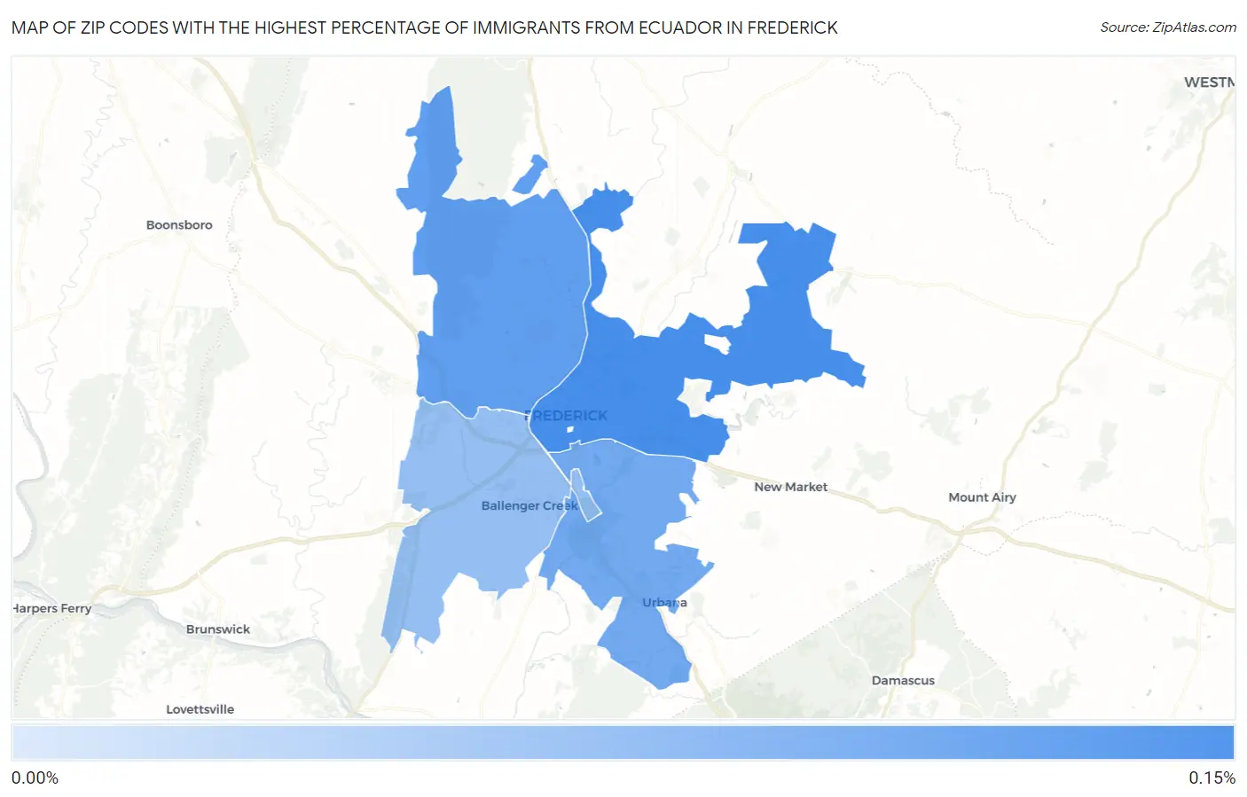 Zip Codes with the Highest Percentage of Immigrants from Ecuador in Frederick Map