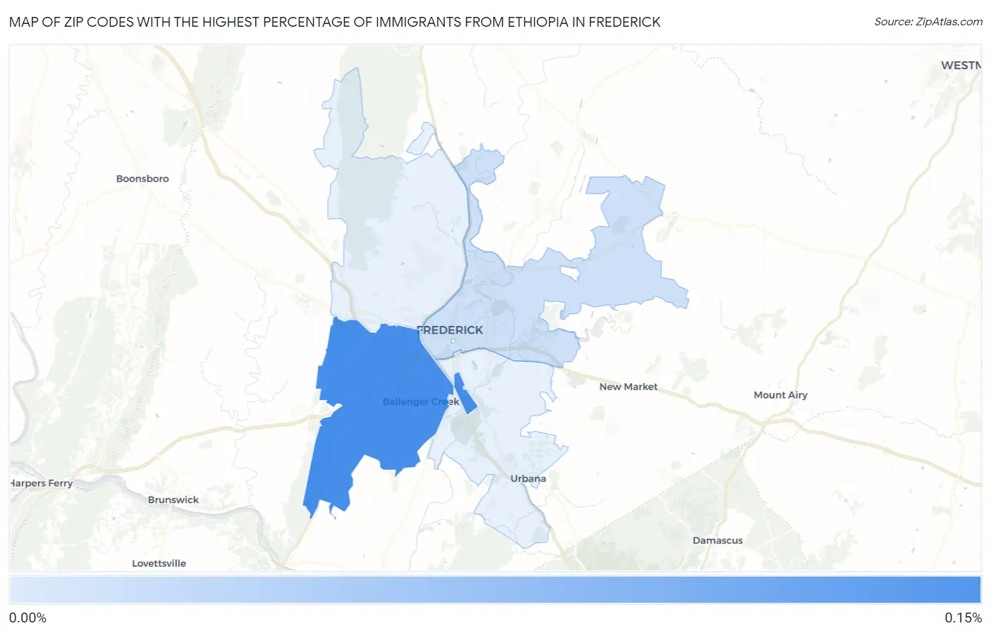 Zip Codes with the Highest Percentage of Immigrants from Ethiopia in Frederick Map