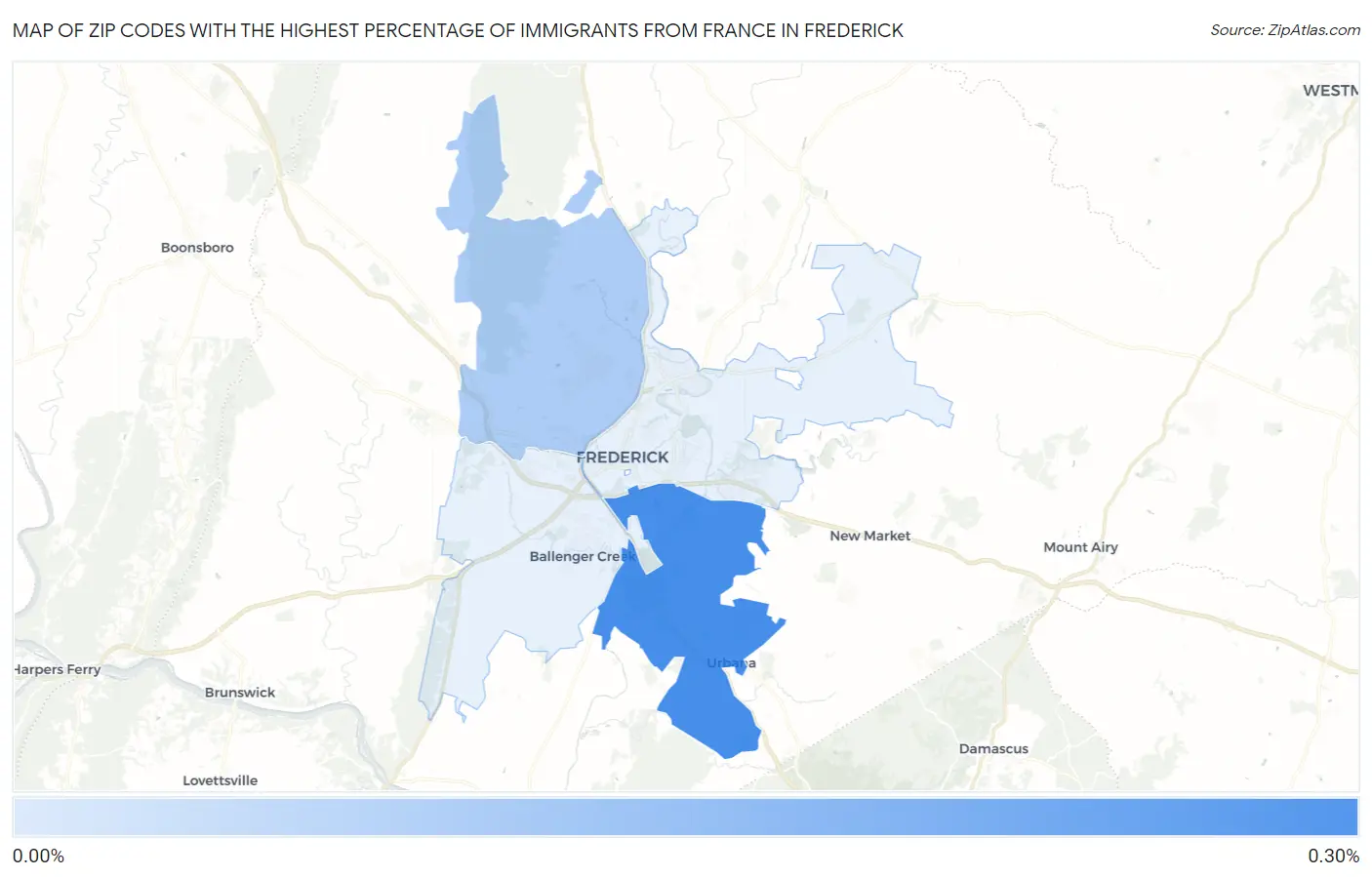 Zip Codes with the Highest Percentage of Immigrants from France in Frederick Map