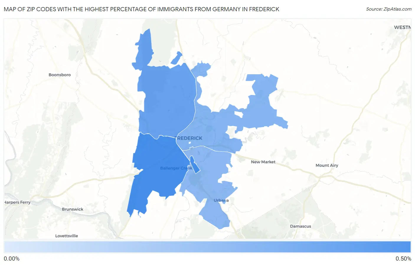 Zip Codes with the Highest Percentage of Immigrants from Germany in Frederick Map
