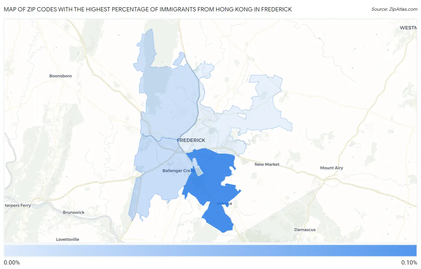Zip Codes with the Highest Percentage of Immigrants from Hong Kong in Frederick Map