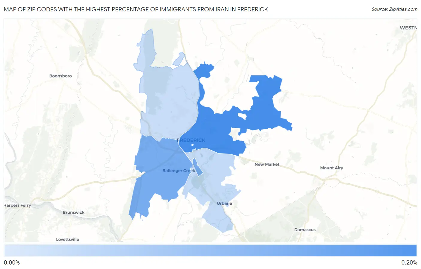 Zip Codes with the Highest Percentage of Immigrants from Iran in Frederick Map