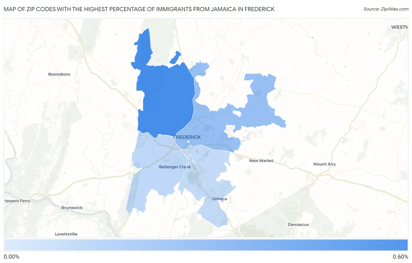 Zip Codes with the Highest Percentage of Immigrants from Jamaica in Frederick Map