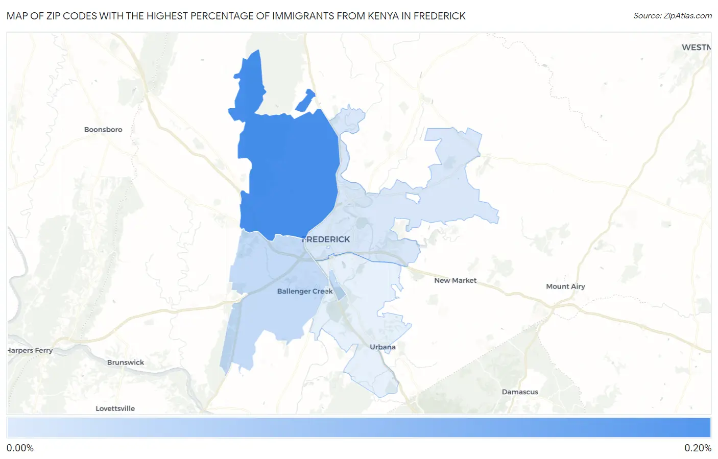 Zip Codes with the Highest Percentage of Immigrants from Kenya in Frederick Map