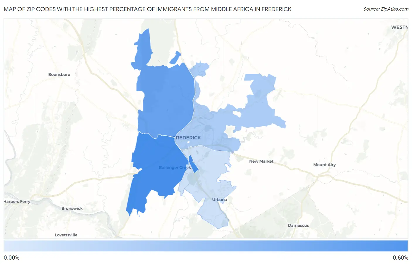 Zip Codes with the Highest Percentage of Immigrants from Middle Africa in Frederick Map