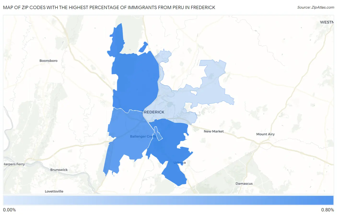 Zip Codes with the Highest Percentage of Immigrants from Peru in Frederick Map