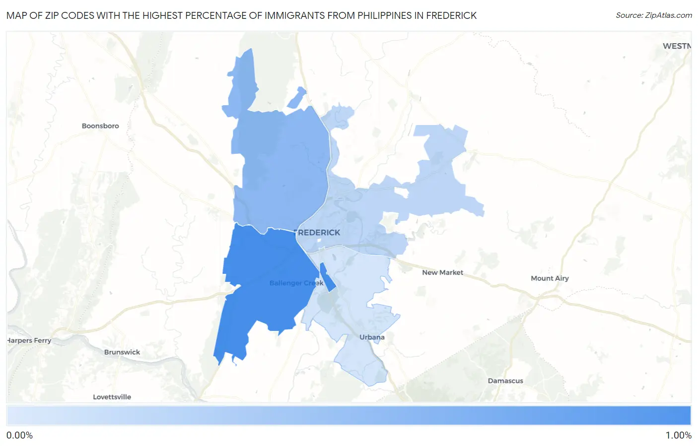 Zip Codes with the Highest Percentage of Immigrants from Philippines in Frederick Map