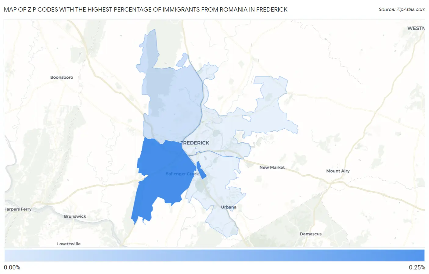 Zip Codes with the Highest Percentage of Immigrants from Romania in Frederick Map