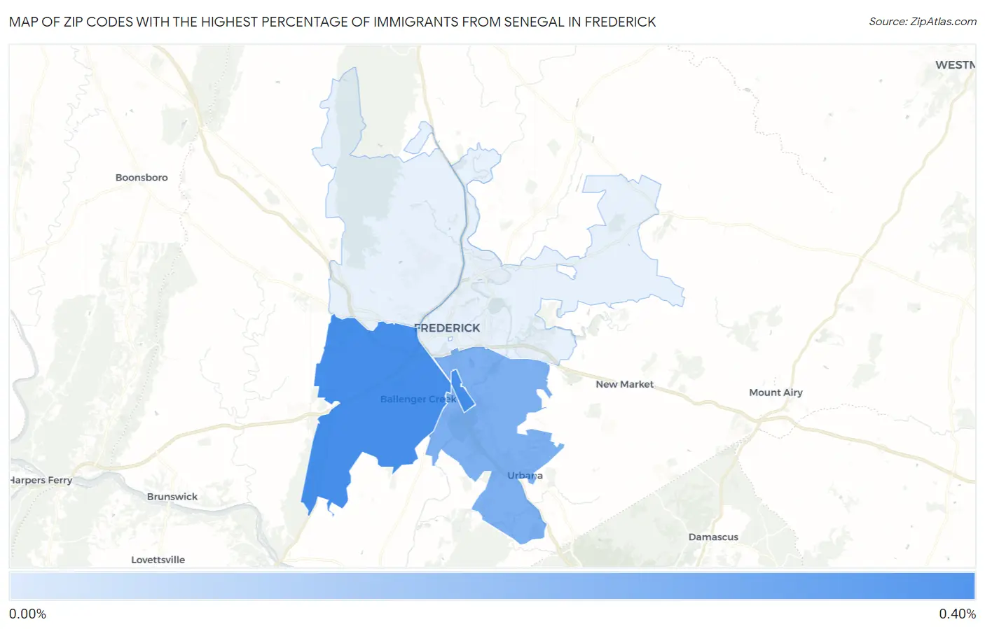 Zip Codes with the Highest Percentage of Immigrants from Senegal in Frederick Map