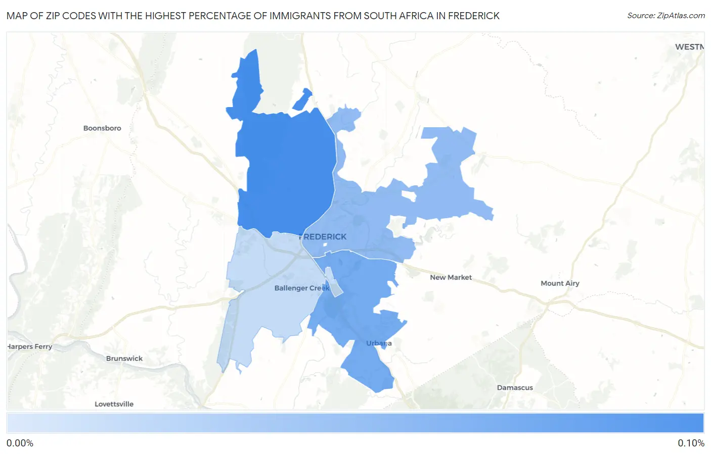 Zip Codes with the Highest Percentage of Immigrants from South Africa in Frederick Map